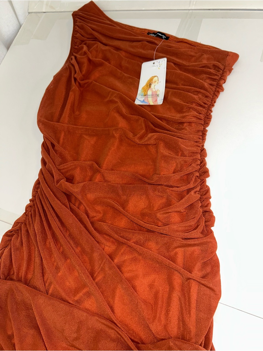 One-Shoulder Ruched Asymmetrical Dress in Rust - Picture 2 of 4